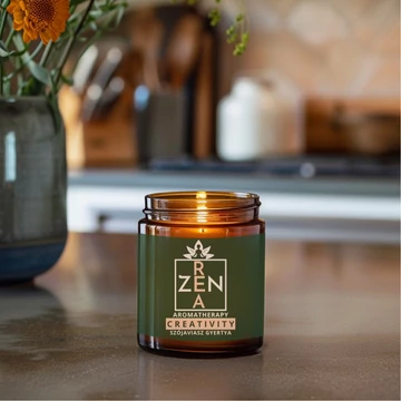 ReaZen Creativity Aromaterápiás Szójaviaszgyertya 200 g, menta és szegfűszeg illóolajokkal, borostyán üveg ezüst tetővel