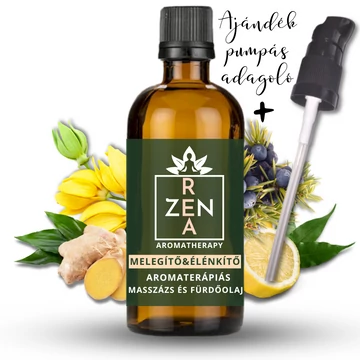 ReaZen Melegítő &amp;amp; Élénkítő Masszázsolaj borostyán üvegben, citrom, boróka, gyömbér és ylang-ylang illóolajokkal