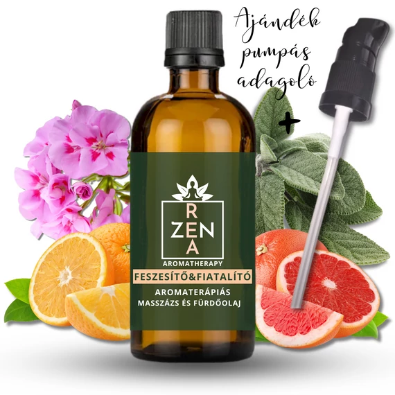 ReaZen Feszesítő és Fiatalító Masszázsolaj narancs, grapefruit, muskátli és zsálya illóolajokkal, bőrfeszesítő és fiatalító hatással